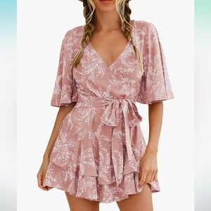Amazon AIMCOO Pink Short Sleeve Tie Waist Romper with Ruffled Hem - NWOT Size M